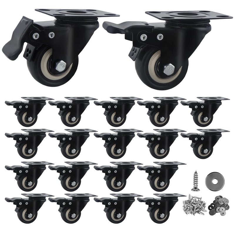 Htudcoue 2 Inch Caster Wheels Set of 20 Heavy Duty Casters,with Brake,No Noise Locking Polyurethane (PU) Wheels, for Furniture and Workbench Load 800lbs - Image 1